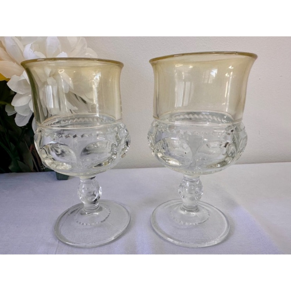 Vintage Pair of King's Crown Thumbprint Goblets with Rare Pale Yellow Flash Rim‎